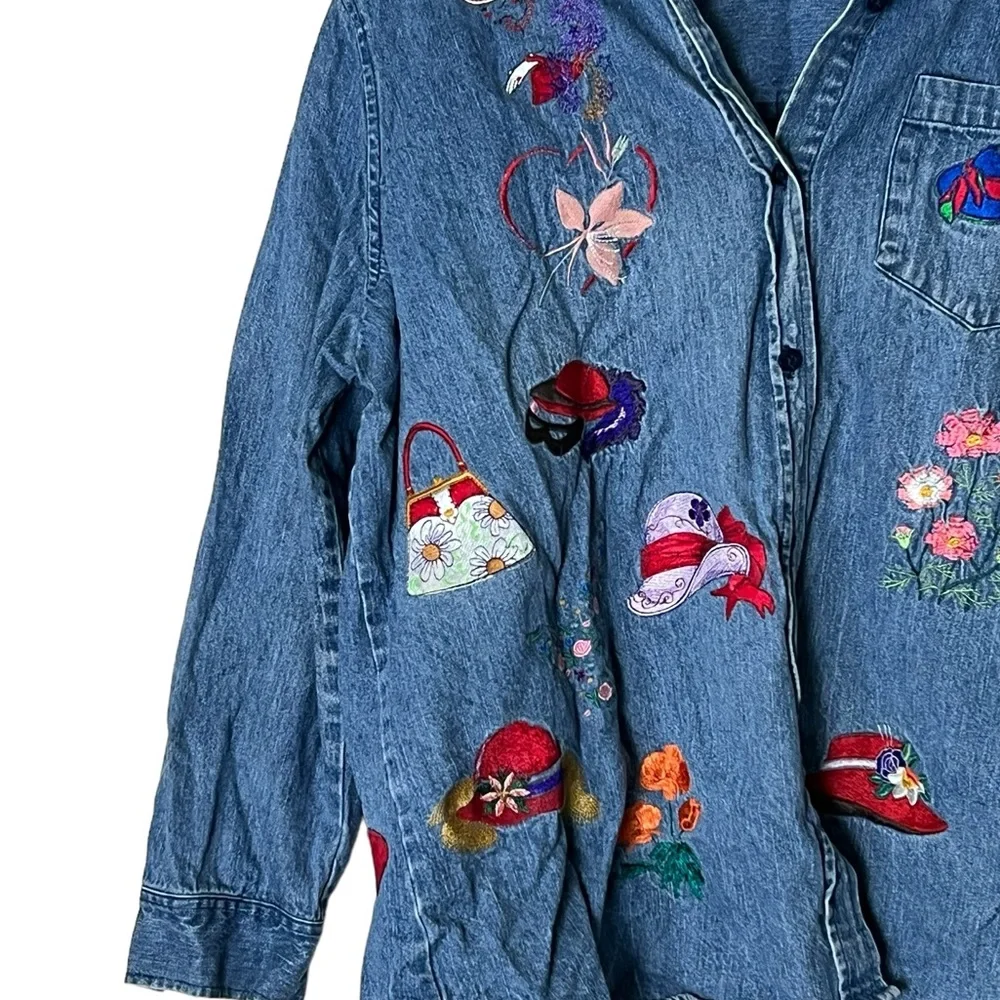 Edward Woman | Vintage embroidered button down denim shirt size extra la…